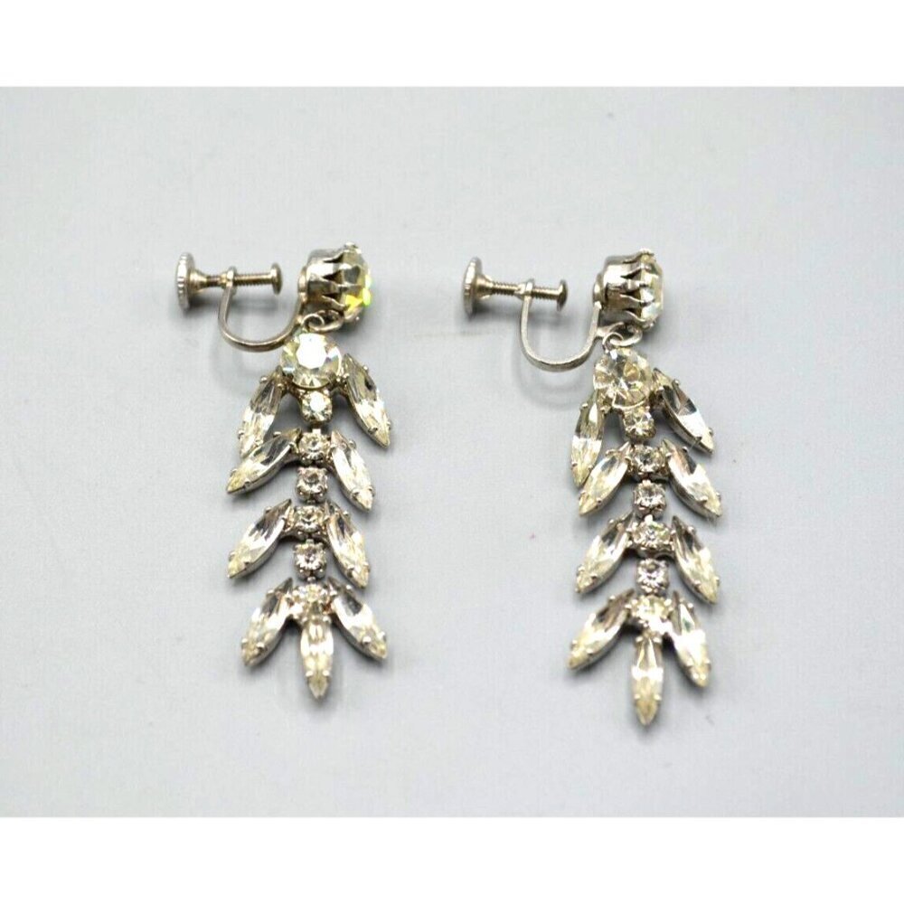 Waterfall Screw Back Drop Earrings 2.5 Inches Length Clear Rhinestones Vtg